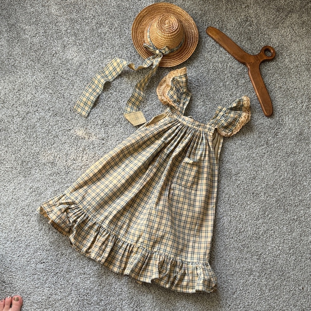 Vintage Handmade Girls plaid dress and straw hat - includes vintage wood Hanger